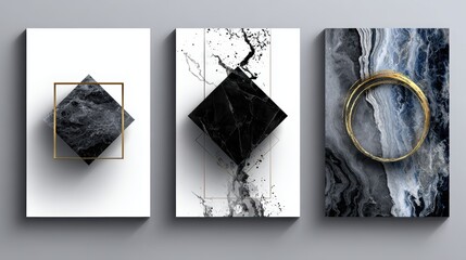 Luxurious abstract art trio, gold framed paintings with black marble accents for modern interior design