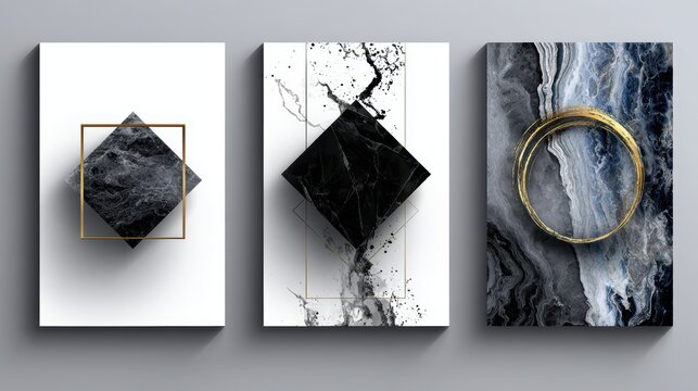 Luxurious abstract art trio, gold framed paintings with black marble accents for modern interior design