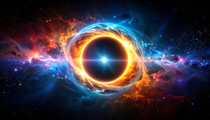 A stunning cosmic scene featuring a vibrant nebula surrounding a glowing black hole, illustrating the beauty and mystery of the universe