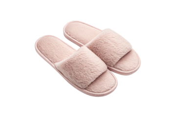 Pink fuzzy slippers with open toe design soft plush material comfortable house footwear different angle, isolated on a transparent background