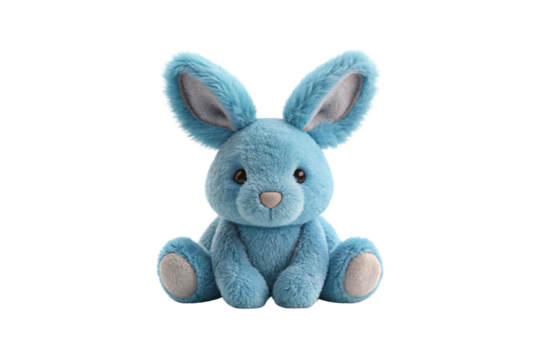 Blue plush bunny rabbit stuffed animal toy with long ears front facing view adorable design, isolated on a transparent background
