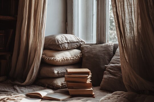 Cozy reading nook with stacked pillows books and soft drapery by a sunlit window