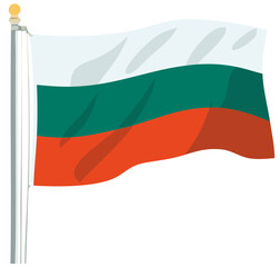 Bulgarian flag waving on pole with white green and red stripes
