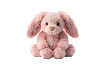 Pink plush bunny rabbit stuffed animal with floppy ears sitting position soft cuddly toy, isolated on a transparent background