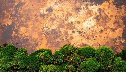 Rustic textured surface with vibrant green moss at the bottom. A natural background blending decay, color contrast, and organic growth.

