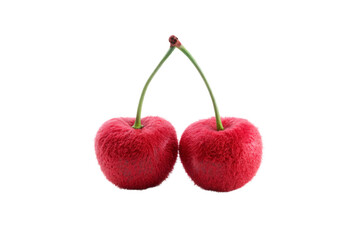Red fuzzy plush cherries with green stems and leaf detail in soft fluffy material design, isolated on a transparent background