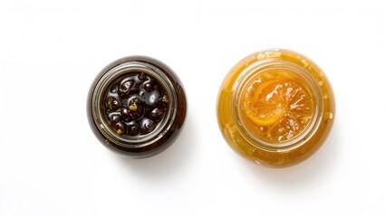 Top view of marmalade and olive jam on a white surface