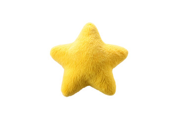 Five-pointed star shape covered in bright yellow plush fuzzy material with soft fluffy texture, isolated on a transparent background