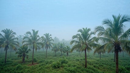 Expansive oil palm fields shrouded in morning mist with environmental theme and room for text