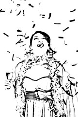 Surprised woman looking up at falling confetti