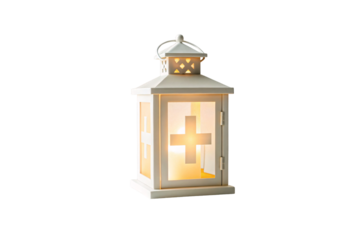 Cream colored lantern featuring cross design with warm golden glow emanating from interior, isolated on a transparent background