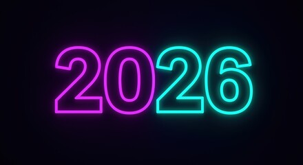 Neon number 2026 in purple cyan colors glowing on dark background. Electric sign countdown design creating vibrant digital atmosphere for new year celebration