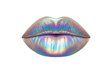 Holographic rainbow lips with prismatic oil slick surface showing vibrant multicolored iridescent metallic finish, isolated on a transparent background
