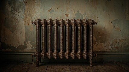 Antique cast iron heating radiator coated in bronze paint for steam or hot water systems