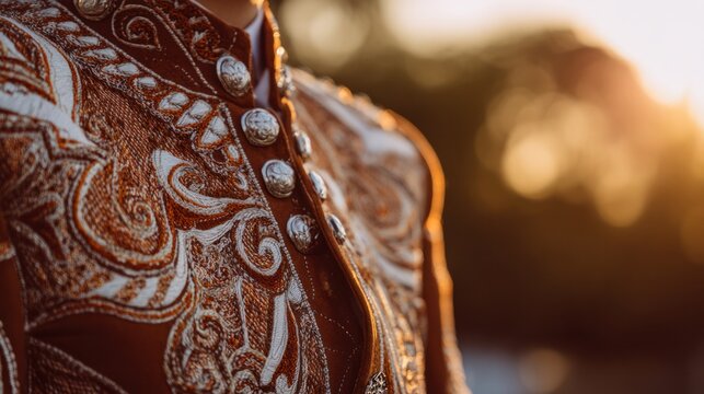 The embroidered Charo jacket with silver buttons is bathed in the golden sunset, and the marigold flowers in the background are soft and fuzzy.