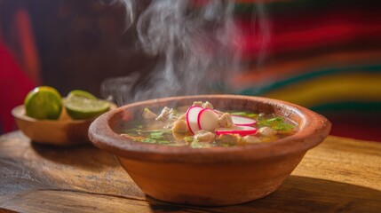 Warm bowl of pozole with fresh radish slices and lime, rustic wood background