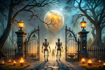 Two skeletal figures stand before an ornate gate under a large glowing moon on a misty halloween night