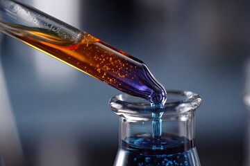 Amber liquid drips into a blue solution