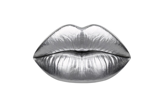 Chrome silver lips with matte metallic finish, modern beauty art, sophisticated makeup design element, isolated on a transparent background