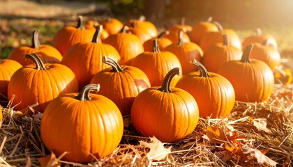Pumpkins in hay, autumnal sunlight