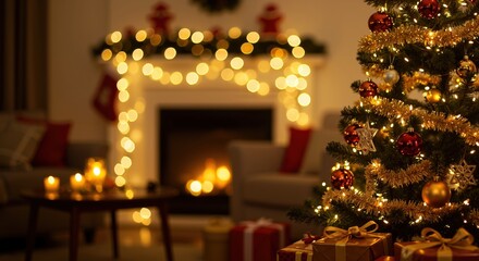 Christmas tree with red ornaments near fireplace decorated with golden lights. Cozy living room interior during holiday season creating warm festive atmosphere. Christmas, New Year celebration
