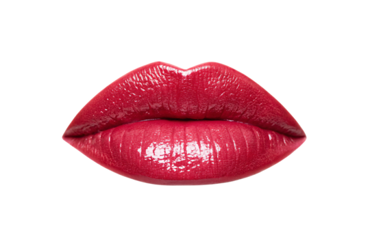 Vibrant red lips with glossy shine and perfect contour lines, isolated on a transparent background