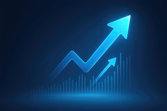 Graphical chart with glowing blue arrows rising over bar graph elements, visualizing upward trends—ideal for finance, growth, or data analytics concepts.