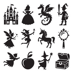 Vector art of a whimsical collection of fairy tale elements including a castle, princess, dragon, knight, witch, unicorn, and magical objects