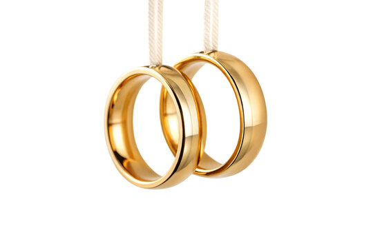 Two golden wedding rings hanging from white ribbons against clean backdrop, isolated on a transparent background
