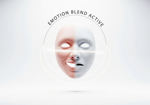Abstract concept of psychological duality and emotional synthesis, a futuristic split mask representing a blend of active feelings.
