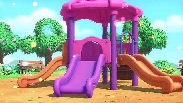 A whimsical cartoon illustration of a colorful children's playground in a sunny public park, featuring a vibrant pink and purple play structure with fun slides for outdoor recreation.