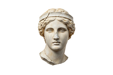 Obraz premium Classical Greek marble head sculpture featuring wavy hair and elegant carved facial features from antiquity, isolated on a transparent background