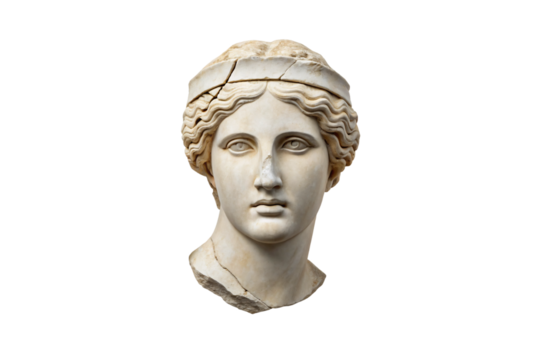 Classical Greek marble head sculpture featuring wavy hair and elegant carved facial features from antiquity, isolated on a transparent background - Powered by Adobe