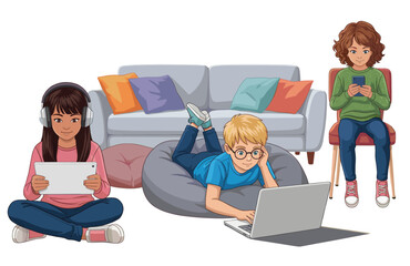 Children Using Digital Devices on the home wifi network. Entertainment and Learning in a Family Environment. Illustration of three children with a tablet, laptop, and cell phone in a modern living roo