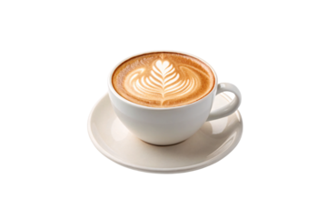 Beautiful rosetta latte art in white porcelain cup showing barista's skillful milk steaming technique perfectly, isolated on a transparent background
