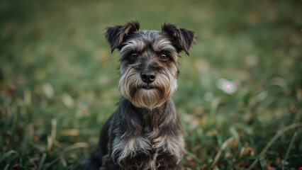 Sweet photo of a miniature schnauzer puppy sitting and staring at the viewer