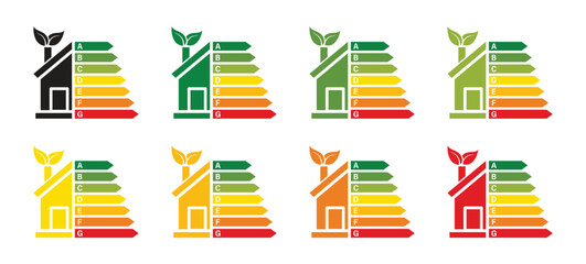 Set home energy efficiency rating icon. Energy efficiency rating indicator from highest to lowest. Renewable energy home. Vector illustration © Oman