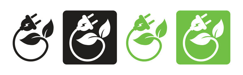 Renewable energy power plug icon set. Renewable, eco-friendly power plug concept with leaves. Vector illustration.