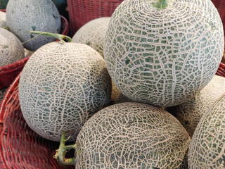 Pile of ripe cantaloupe melons on the bamboo wicker 