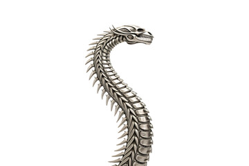 Fototapeta premium Detailed metallic dragon skeleton head with intricate bone structure and ornate vertebrae spine design, isolated on a transparent background