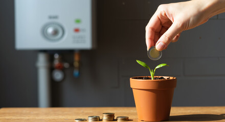 Hand placing coin into terracotta pot with green plant seedling and heating system background. Investment growth concept with natural development. Financial savings and energy efficiency for banking
