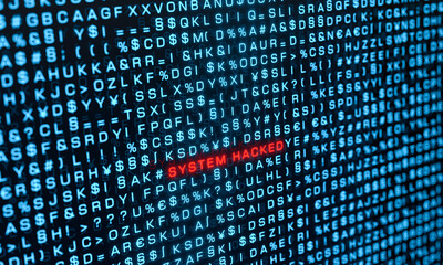 System hacked, computer warning sign. Random letters, signs, computer code, bits and bytes. System message, cyber attack, threat, network security, virus, computer crime. 3D illustration © Westlight
