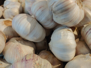 Fresh garlic bulbs piled up for sale at a market