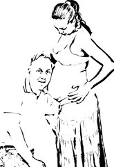 Amazed father listen unborn baby