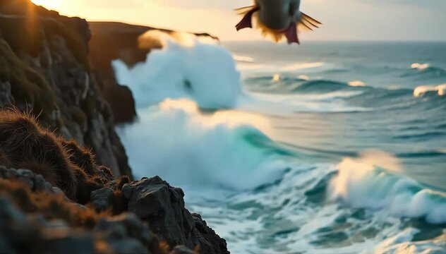 Albatross jumping off cliff to fly