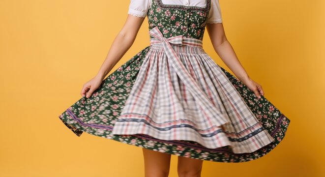 Woman in traditional bavarian dirndl dress spinning on yellow background. Female wearing authentic german folk costume with floral pattern and checkered apron. Cultural heritage for oktoberfest
