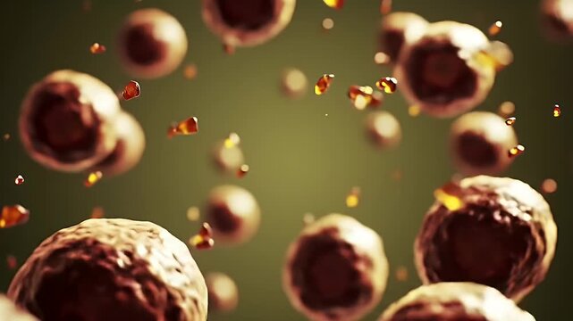 Abstract visualization of organic spheroids and active biological particles in a fluid medium, a concept for scientific research in microbiology and biotechnology.
