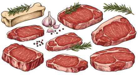 Steak sketch. Hand drawn beef, lamb and pork steak extra or medium rare with garlic, greenery and pepper spice vector collection. Butchery food meat product sketch engraved set isolated on white