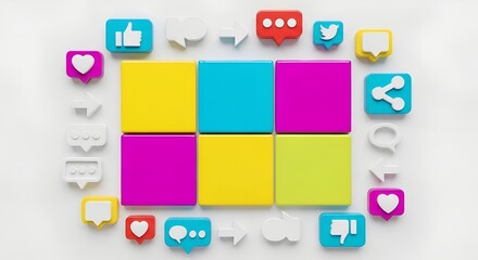 Engagement and Virality Flatlay. A dynamic overhead shot capturing a colorful array of 3D social media icons and vibrant blocks on a clean white surface. Icons like thumbs up, hearts, share symbols