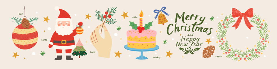 2026. Merry Christmas and Happy New Year! Vector cute illustrations of Santa Claus, Christmas tree toy, hand holding spruce branch, cake, lettering and wreath with bow and pine cone for greeting card 